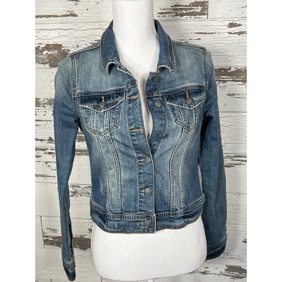 PRANA Distressed Denim Jacket Blue Sz S EUC - Picture 1 of 7